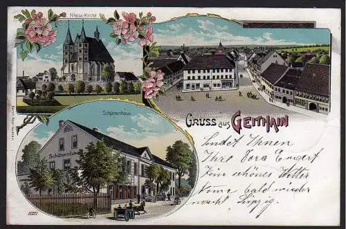 52072 Ansichtskarte Litho Geithain Nikolai Kirche Schützenhaus 1903