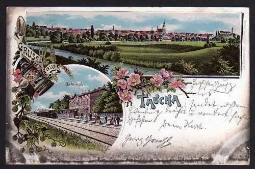 52087 Ansichtskarte Litho Taucha 1903 Bahnhof Eisenbahn Zug Dampflok
