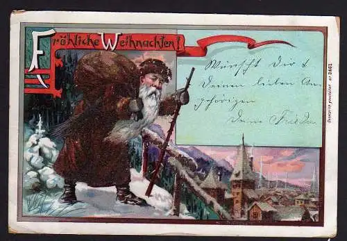 52091 Ansichtskarte Weihnachten 1900 Weihnachtsmann brauner Sack Glitzerauflage