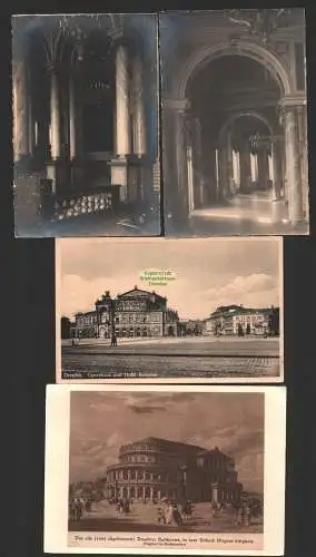 144437 4 Ansichtskarte Dresden Hoftheater 1869 abgebrannt + neu um 1920 2 Fotokarten innen