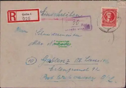 B15922 Brief SBZ Thüringen Einschreiben  Gotha 1946 97 A + 30 Pfg Gebühr bezahlt
