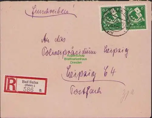 B15914 Brief SBZ Thüringen Einschreiben Bad Sulza Polizeipräsidium Leipzig 1945