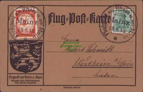 B15886 Postkarte DR Flugpost am Rhein u. am Main I 10 Pfg. Mainz 13.6.1912