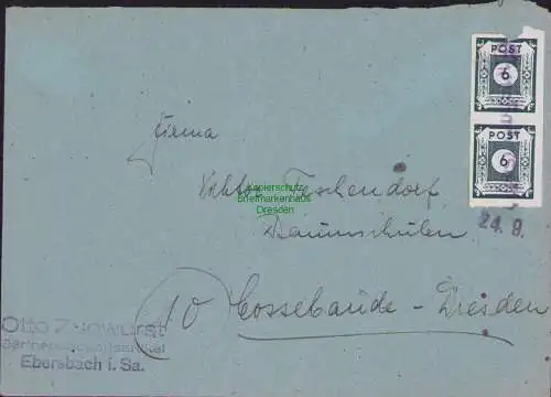 B15855 Brief SBZ Ostsachsen 2x 43 Notstempel Ebersbach 24.9. (1945) n Cossebaude