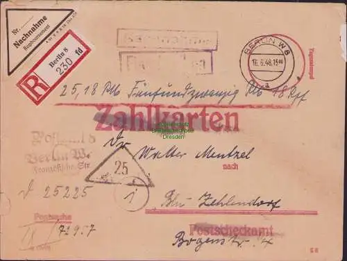 B15923 Brief SBZ Berlin W8 mit Minutenstempel 1948 Einschreiben Nachnahme