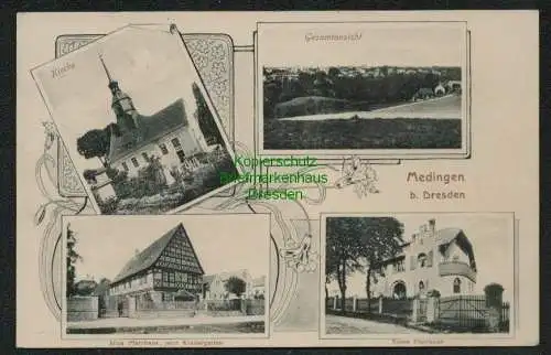 137726 Ansichtskarte Medingen bei Dresden Kirche Altes und Neues Pfarrhaus Kindergarten