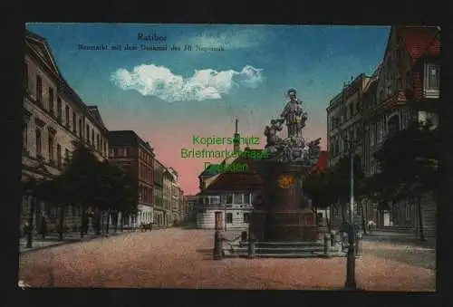 136572 Ansichtskarte Ratibor O.-S. Raciborz um 1920 Neumarkt Denkmal Hl. Nepomuk