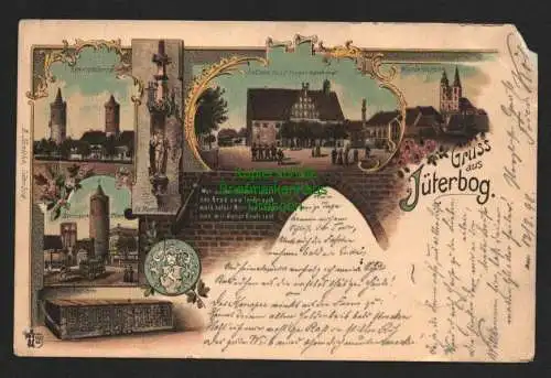136658 Ansichtskarte Jüterbog Litho 1898 Wappen Stadttürme Rathaus Nicolaikirche Tetzelkast