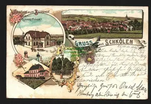 136717 Ansichtskarte Schkölen Litho 1901 Gasthof zum Bahnhof Kriegerdenkmal Bahnpost Zeitz