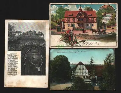 134993 3 Ansichtskarte Weltemühle Kemnitz bei Dresden Litho 1900 Restaurant Weltenecke
