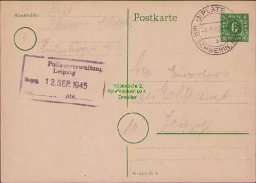 B15906 SBZ Postkarte Mecklenburg Plate Kr Schwerin 1945 an Meldeamt Leipzig