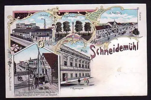 76072 Ansichtskarte Schneidemühl Pila Litho 1898 Bahnhof Brunnen Unglück Gymnasium