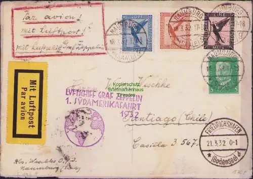 B15869 Brief DR Luftschiff Graf Zeppelin 1. Südamerikafahrt 1932 nach Santiago d