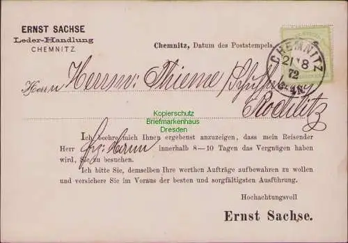 B15861 Vertreterkarte Postkarte DR 2a Chemnitz 1872 kleines Brustschild Rochlitz