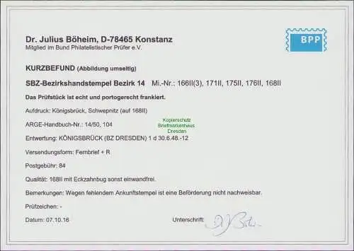 B15894 Brief SBZ Handstempel Bezirk 14 Königsbrück Schweppnitz Einschreiben BPP