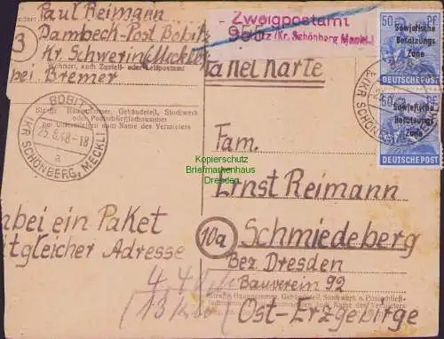 B15858 SBZ Notpaketkarte Bobitz Kr. Schönberg Meckl. 1948 nach Schmiedeberg