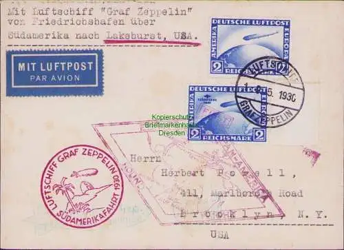 B15871 Postkarte DR 423 + 438 Luftschiff Graf Zeppelin 1. Südamerikafahrt 1930