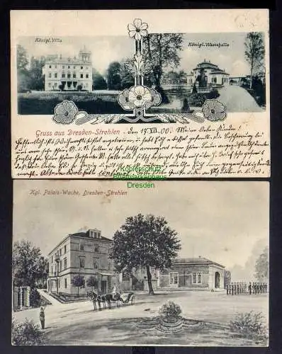 131624 2 Ansichtskarte Dresden Strehlen 1900 Königl. Villa Wartehalle Palais Wache 1907