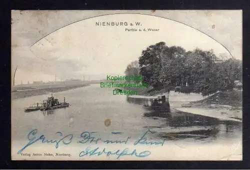 128474 Ansichtskarte Nienburg Weser 1902 Schiff zum ausbaggern der Fahrtrinne