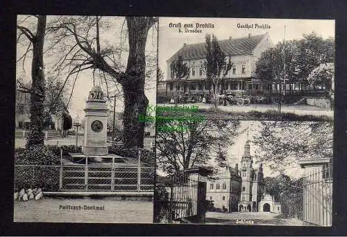 127959 Ansichtskarte Prohlis bei Dresden Gasthof Schloss Palitzsch Denkmal 1920