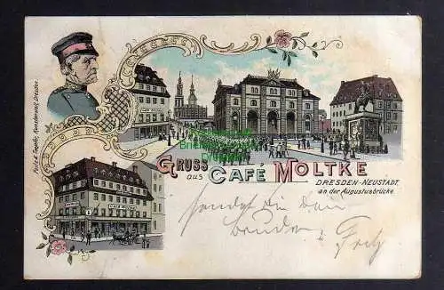 127798 Ansichtskarte Dresden Neustadt 1899 Cafe Moltke an der Augustusbrücke Goldner Reiter