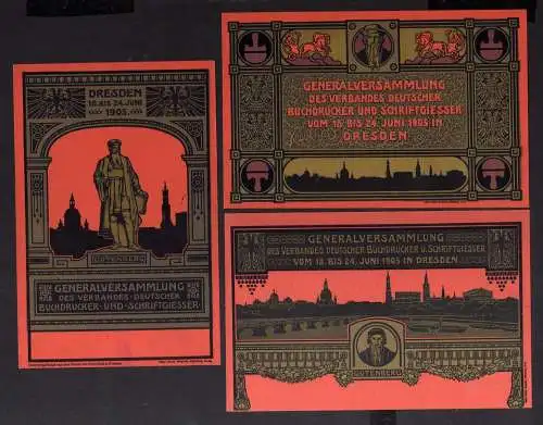 127274 3 Ansichtskarte Dresden 1905 Generalversammlung Buchdrucker Schriftgiesser Golddruck