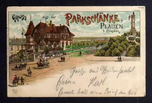 127314 Ansichtskarte Dresden Plauen um 1900 Litho Parkschänke Bismarck Turm Verlag Falke
