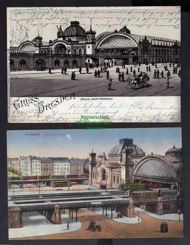 124997 2 Ansichtskarte Dresden Neuer Hauptbahnhof Litho 1902 + 1911