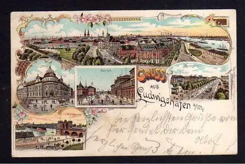 111844 Ansichtskarte Ludwigshafen am Rhein Litho Markt Bahnhof Rheinbrücke Post 1900