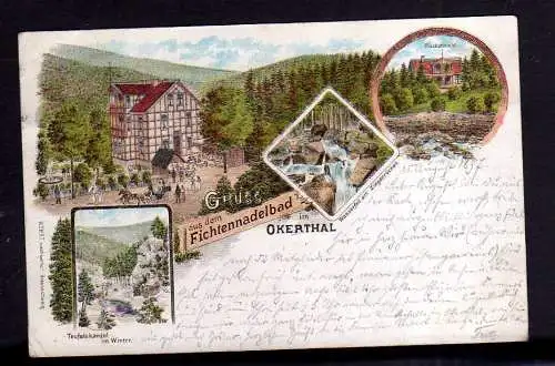 111859 Ansichtskarte Okertal Litho 1897 Gruß aus dem Fichtennadelbad Hotel Restaurant Teufe