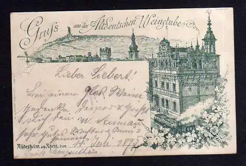 111869 Ansichtskarte Rüdesheim am Rhein Hessen Federlitho 1896 Restaurant Altdeutsche Weins