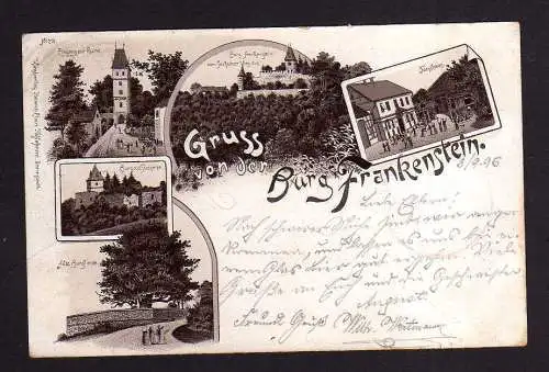 111853 Ansichtskarte Burg Frankenstein Odenwald Litho 1896 Forsthaus Torturm Alte Burglinde