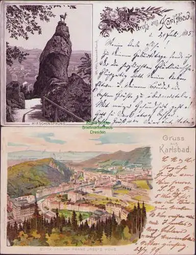 160114 2 Ansichtskarte HIRSCHENSPRUNG Karlsbad 21 Juli 1895 Litho Vorläufer