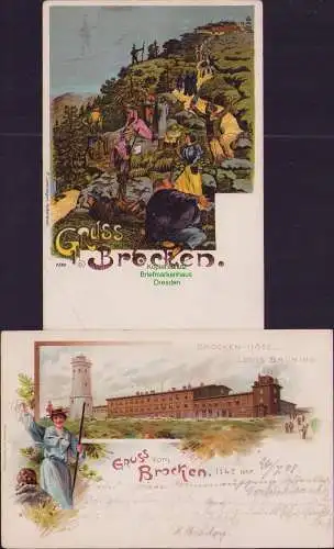 160149 2 Ansichtskarte Brocken Hotel 1898 LOUIS BRÜNING Künstlerkarte Humor