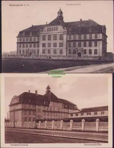 160156 2 Ansichtskarte Schönebeck-Elbe Pestalozzi-Schule 1914 Feldpost Reserve Lazarett