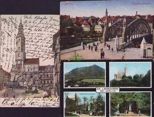 160258 3 Ansichtskarte Görlitz Neue Altstadtbrücke 1915 Untermarkt 1907 Landeskrone 1909