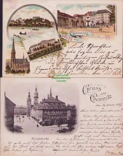 160200 2 Ansichtskarte Chemnitz Litho 1896 Hauptmarkt 1897