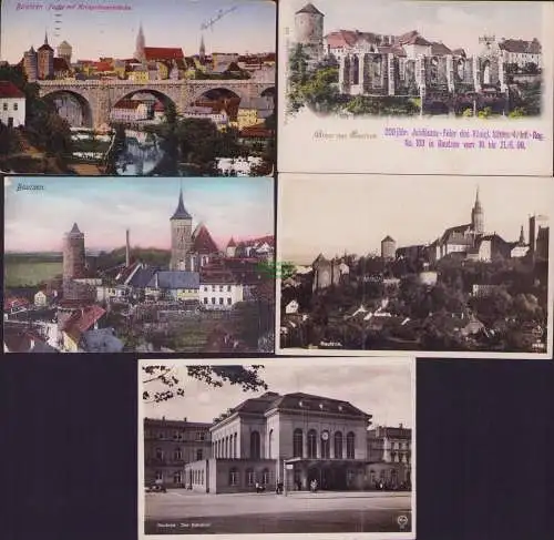160268 5 Ansichtskarte Bautzen Partie Kronprinzenbrücke Bahnhof Nicolaifriedhof Petrikirche