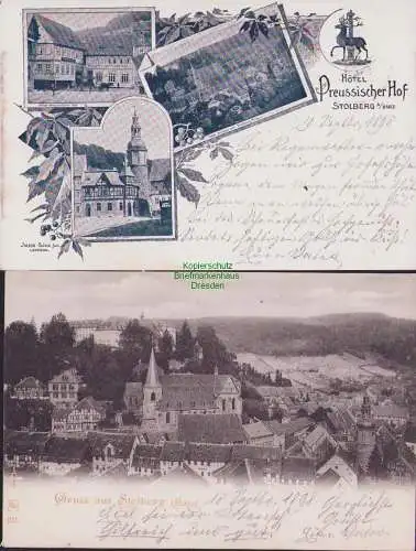 160205 2 Ansichtskarte  Stolberg Harz HOTEL Preussischer Hof  1898