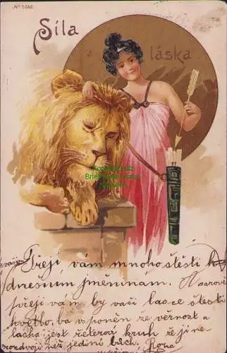 160138 AK Prag Jugendstil 1901 Stark Liebe Sila laska Frau mit Löwen