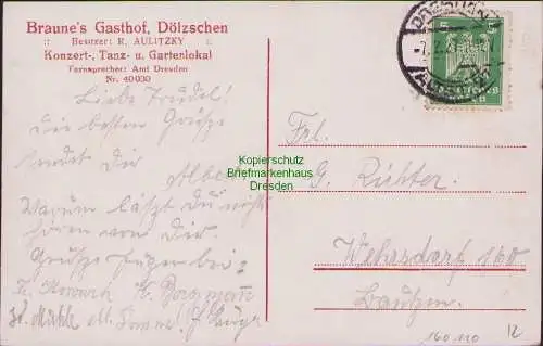 160110 AK Dresden 1927 Blick nach dem Plauenschen Grund Braune Gasthof Dölzschen