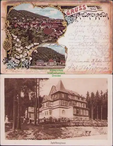 160164 2 Ansichtskarte Friedrichroda Litho 1898 VILLEN AM HERZOGSWEG Spießberghaus
