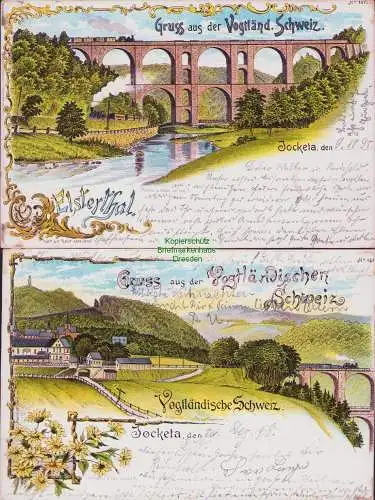 160187 2 Ansichtskarte Litho Gruss aus der Vogtländischen Schweiz 1898 Elsterthal Brücke
