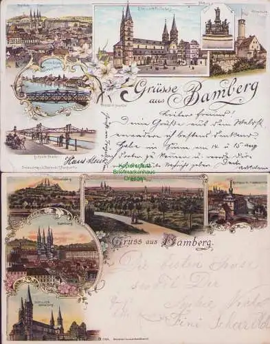 160228 2 Ansichtskarte Bamberg Litho 1898 Altenburg Dom alte Hofhaltung Untere Brücke