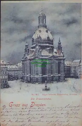 160217 Ansichtskarte Dresden Die Frauenkirche 1898 Glitzeraufkage Schnee Immitation