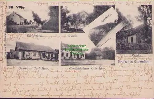 158904 AK Budwethen Ostpreußen 1900 Schule Apotheke Gasthaus Geschäftshaus