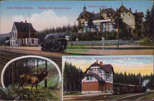 158930 AK Drei-Annen-Hohne Station der Brockenbahn Beckers Hotel Bahnhof um 1920