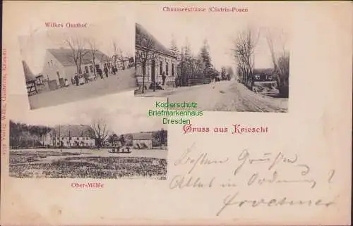 158935 Ansichtskarte Kriescht Krzeszyce 1900 Chausseestrasse Cüstrin-Posen Gasthof