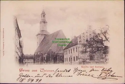 158968 Ansichtskarte Wriezen Kirche und Rathaus 1899 Kunstverlag J. Goldiner, Berlin