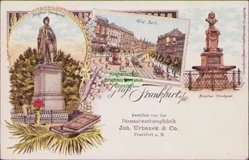 158980 Ansichtskarte Frankfurt a. M. Lithp um 1900 Zeil Stoltze Denkmal Gestiftet von der D